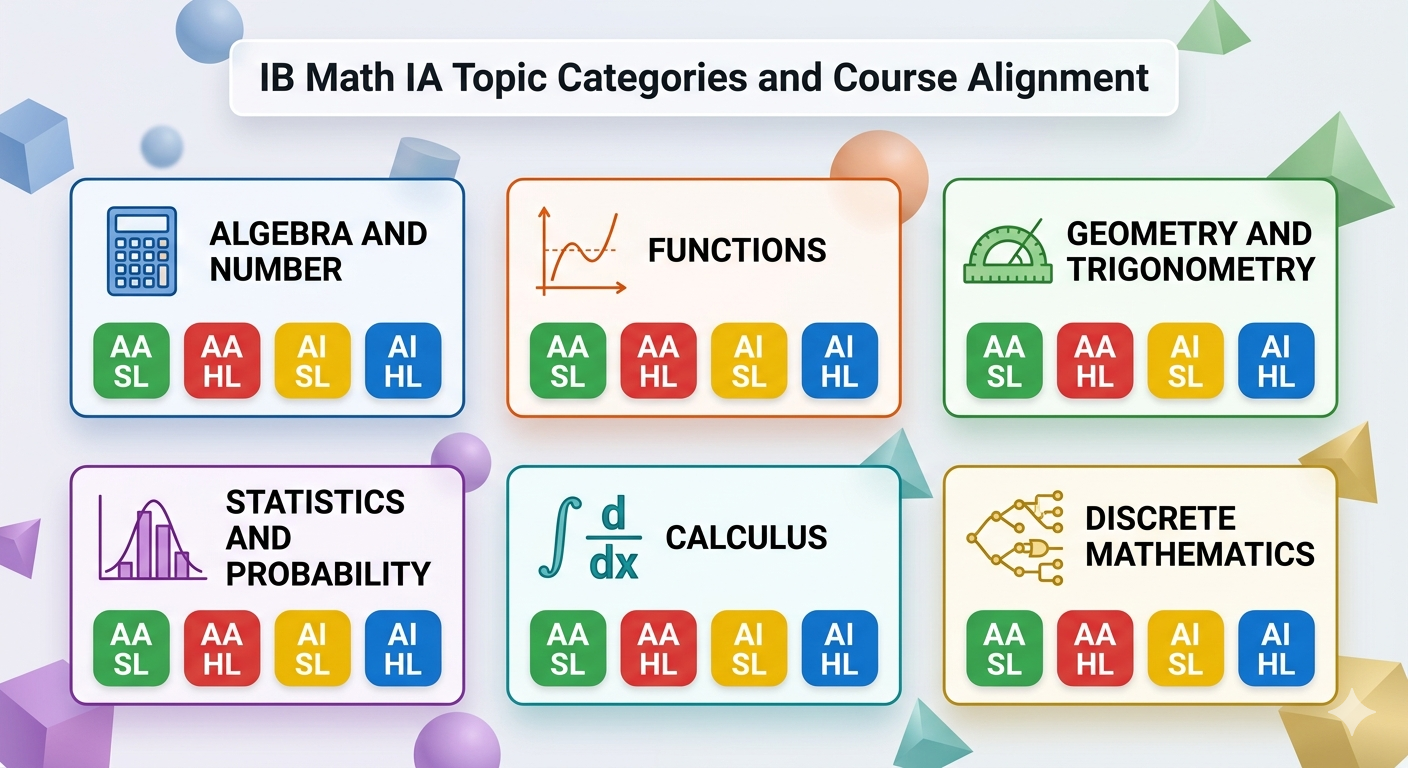Visual guide showing IB Math IA topic categories to help students understand how to choose their IB Math IA topic based on course and level