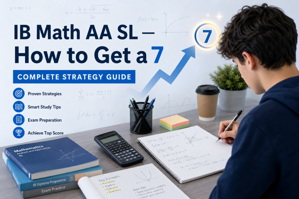 Complete strategy guide showing how to get a 7 in IB Math AA SL with study tips and exam preparation