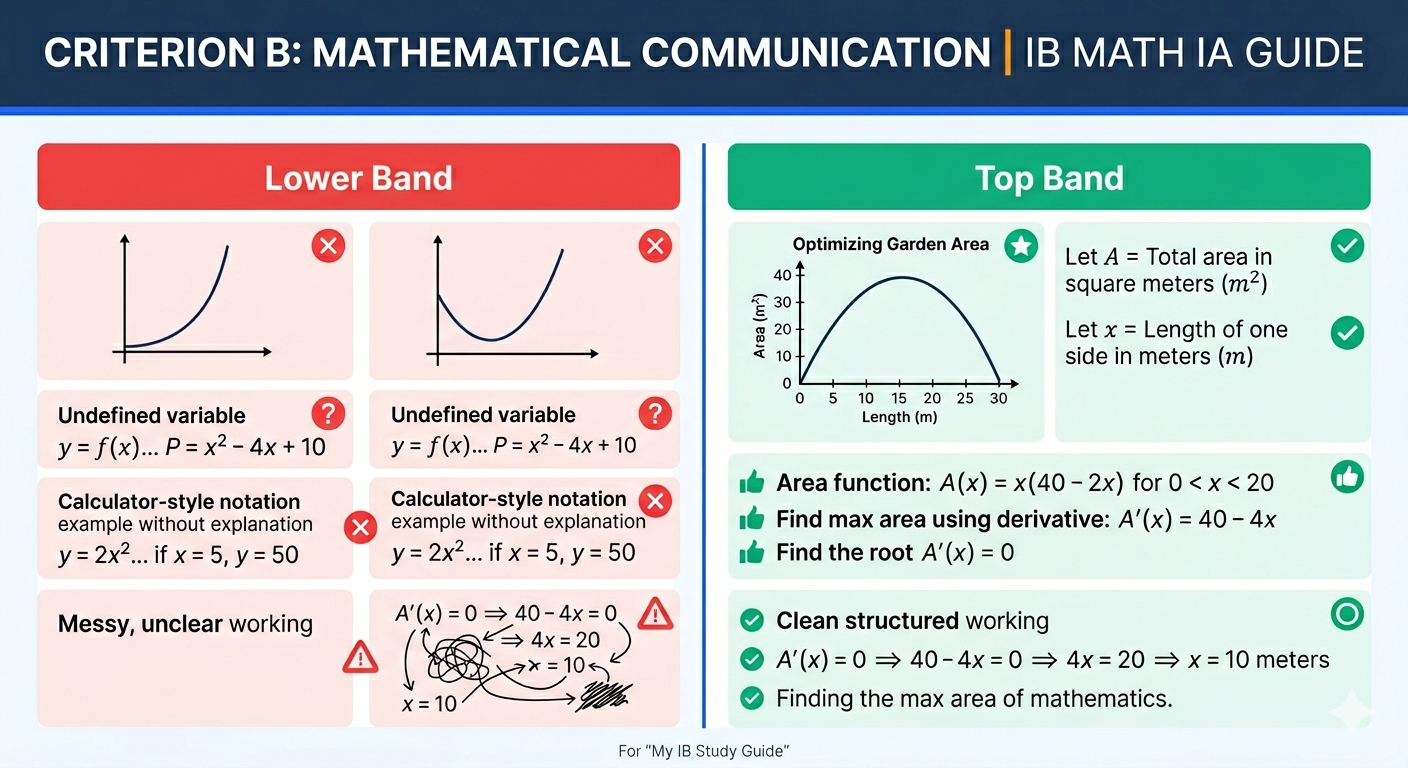 Infographic comparing weak and strong mathematical communication in the IB Math IA rubric, showing what examiners look for in Criterion B