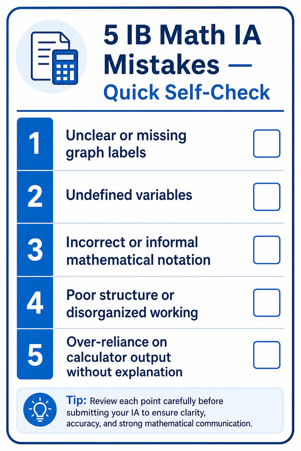 Visual self-check card showing 5 common IB Math IA mistakes students should review before submitting their exploration