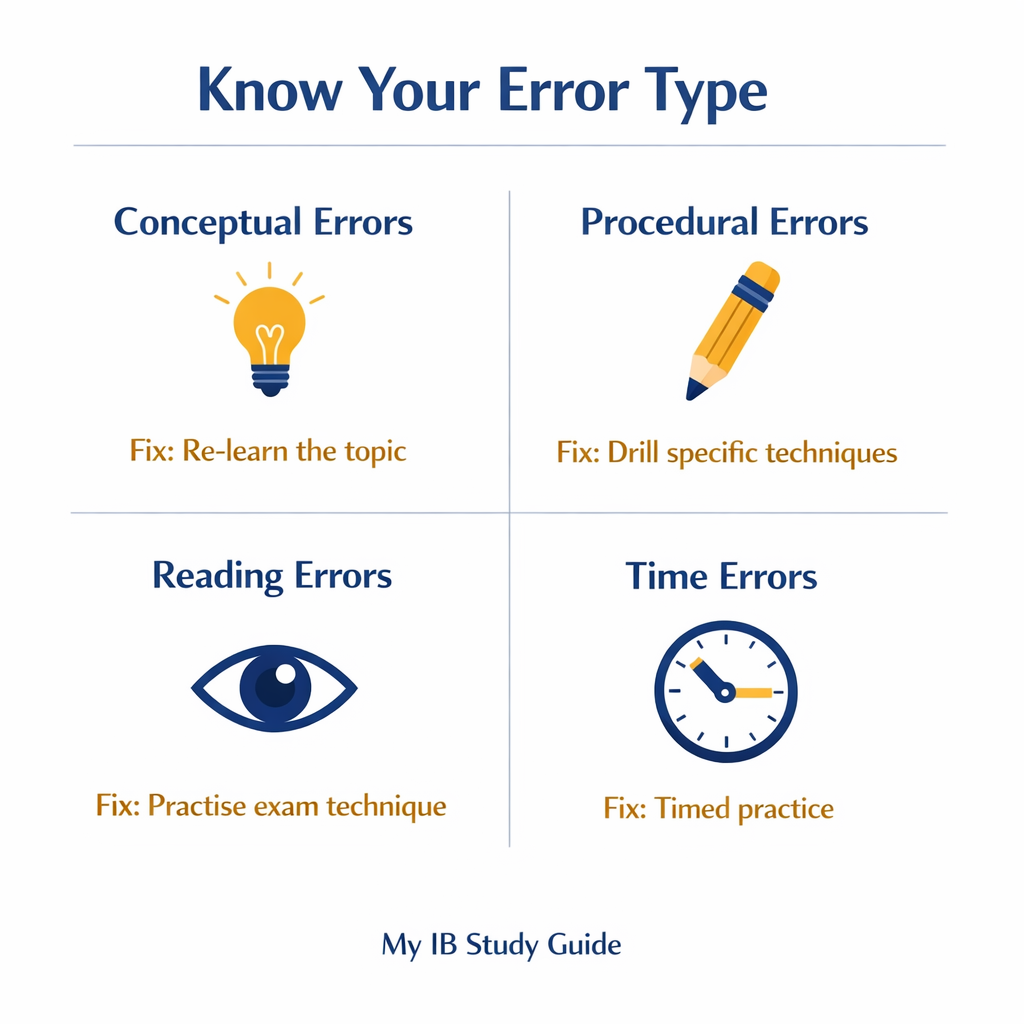 Four types of exam mistakes to identify during an IB Math exam review post exam with suggested fixes for each