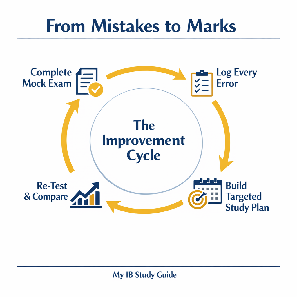 Flowchart showing the IB Math exam review post exam improvement cycle from mock exam to error log to study plan