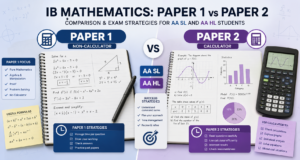 Guide comparing IB Math Paper 1 vs Paper 2 with different exam strategies for AA SL and HL students