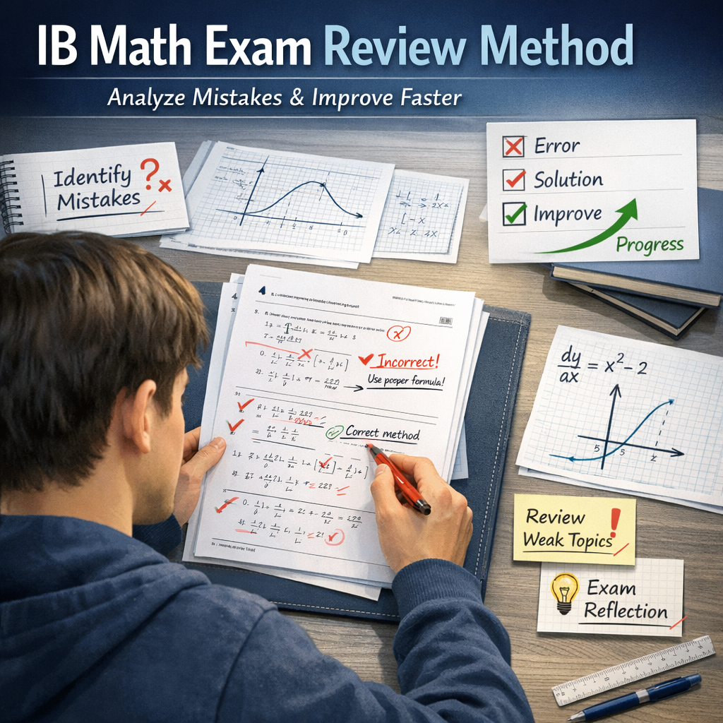 Student analyzing exam paper using the IB Math exam review post exam method to identify mistakes and improve