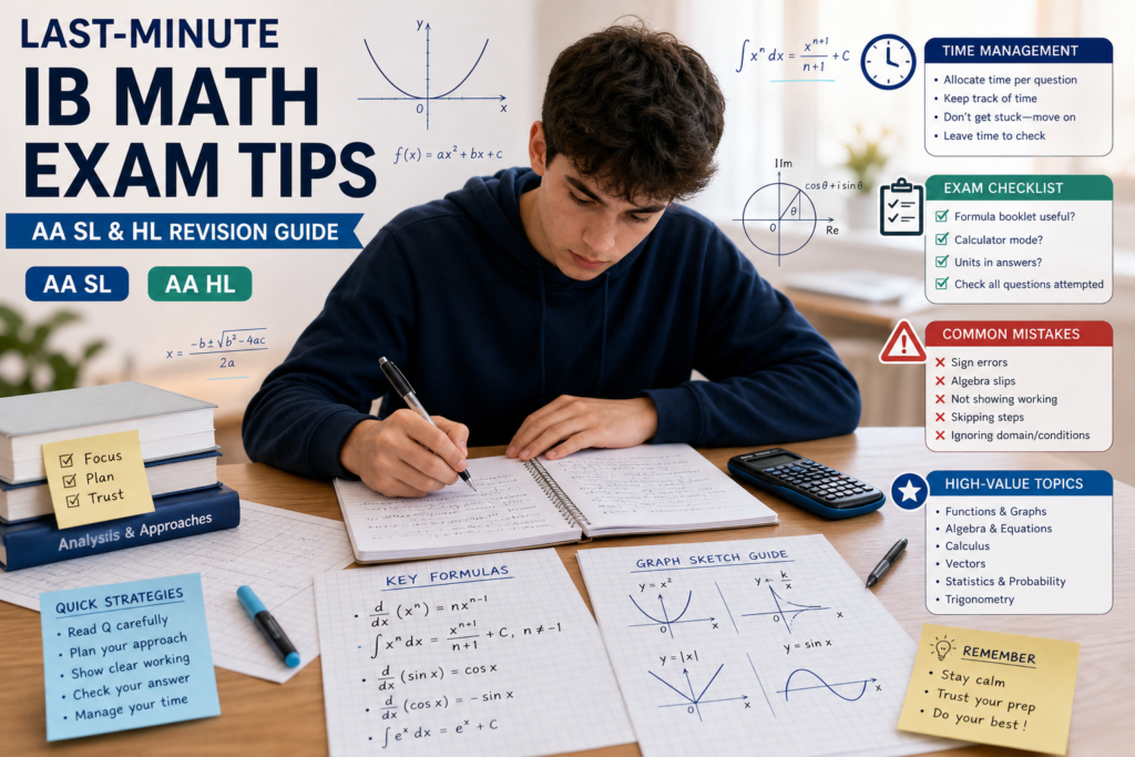Student reviewing notes with overlay showing essential IB Math last minute exam tips for AA SL and HL