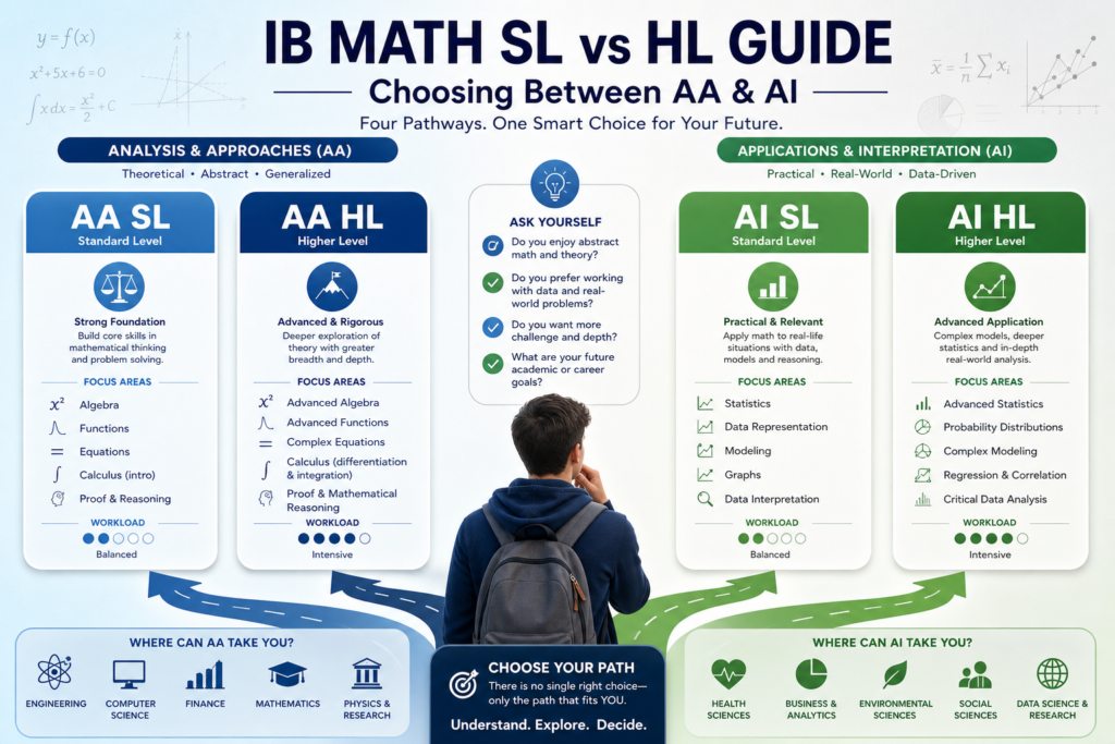 Complete guide helping MYP students decide IB Math SL or HL which to choose for both AA and AI courses