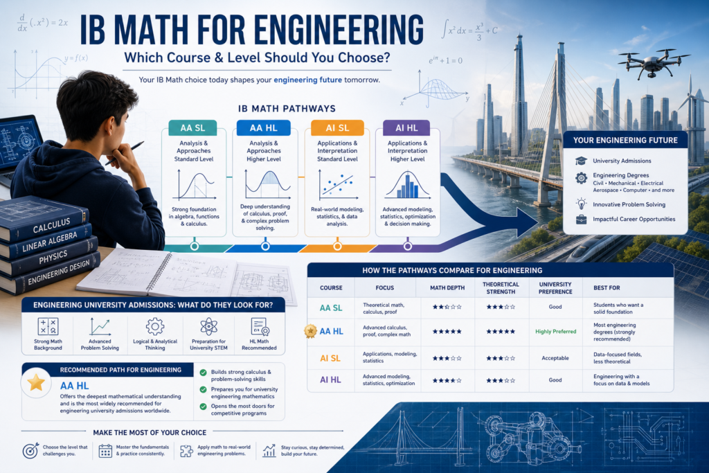 Complete guide to IB Math for engineering showing which course and level future engineering students need for university admission