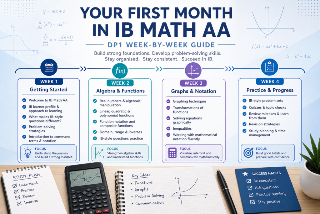 Week-by-week guide showing what to expect IB Math first month for new DP1 students starting Analysis and Approaches