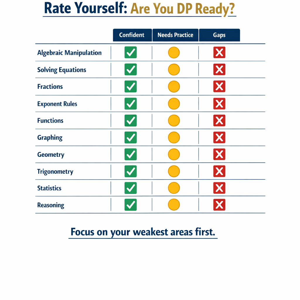 MYP to DP math skills self-assessment checklist helping students identify gaps before starting IB Diploma Mathematics