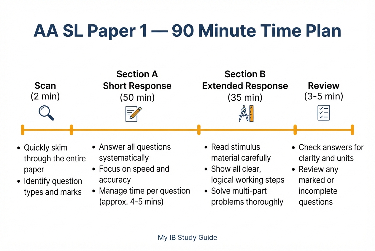 ib math paper 1 no calculator strategy time allocation diagram showing how to split 90 minutes across Paper 1 sections 