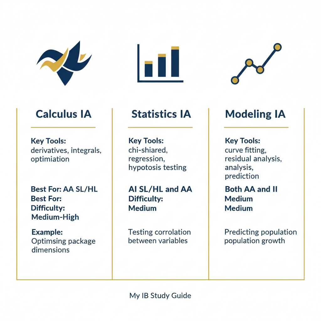 Comparison chart of ib math ia calculus or statistics or modeling types showing tools, course fit, and example topics
