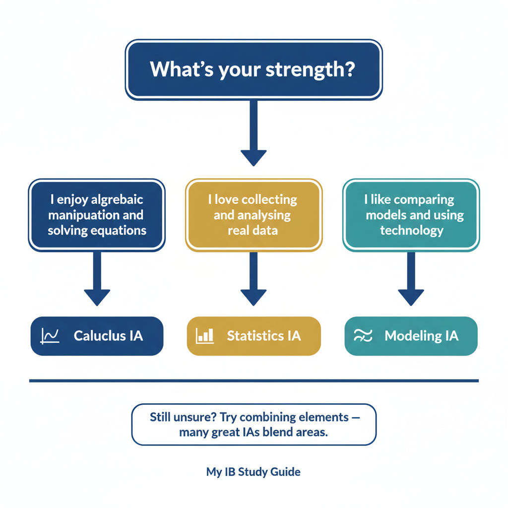Decision flowchart helping students choose ib math ia calculus or statistics or modeling based on their strengths and preferences
