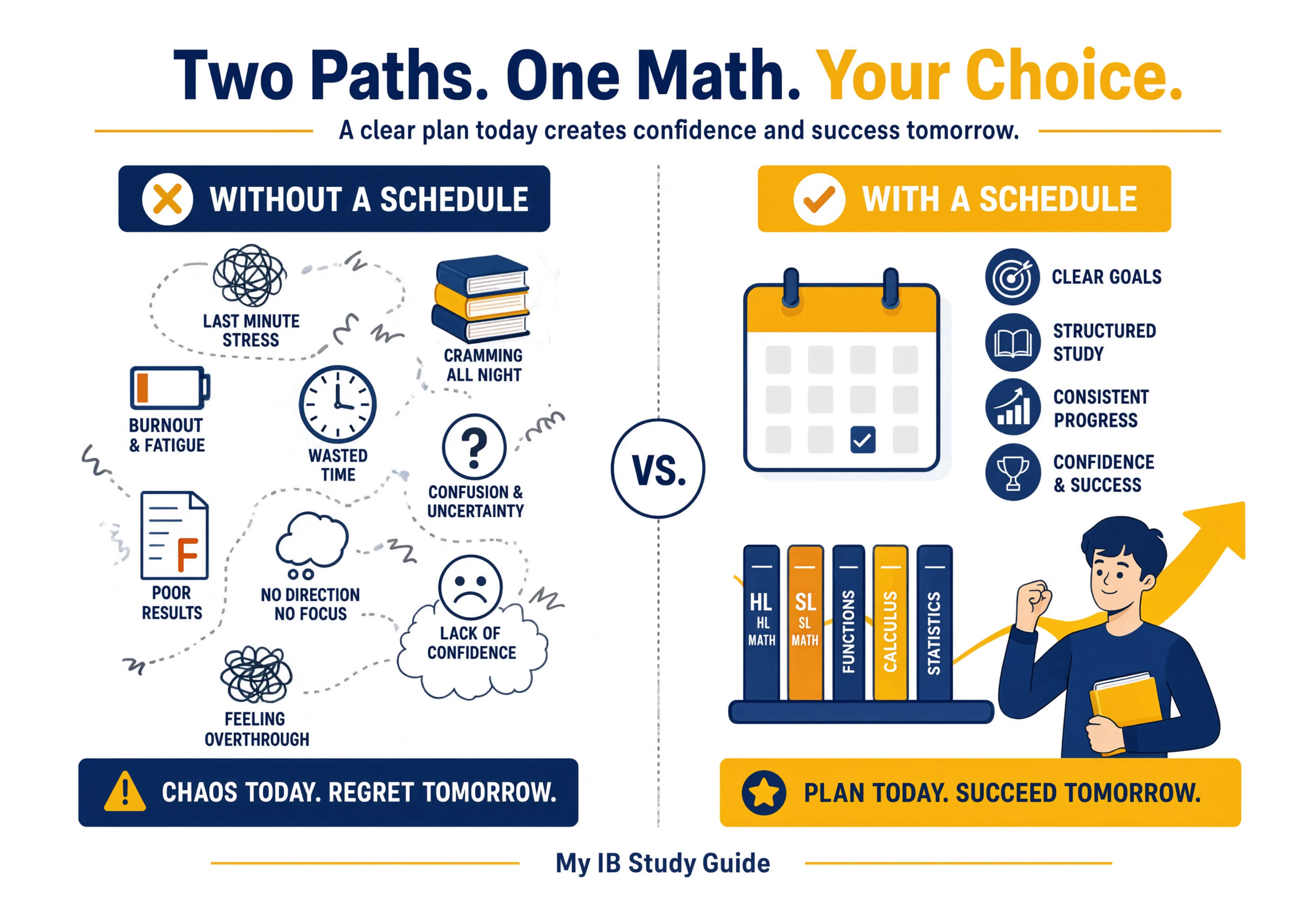 Infographic comparing studying with and without an IB math study schedule template
