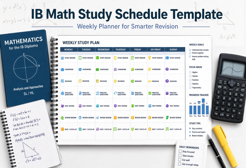 IB math study schedule template showing a weekly planner layout for IB Math students
