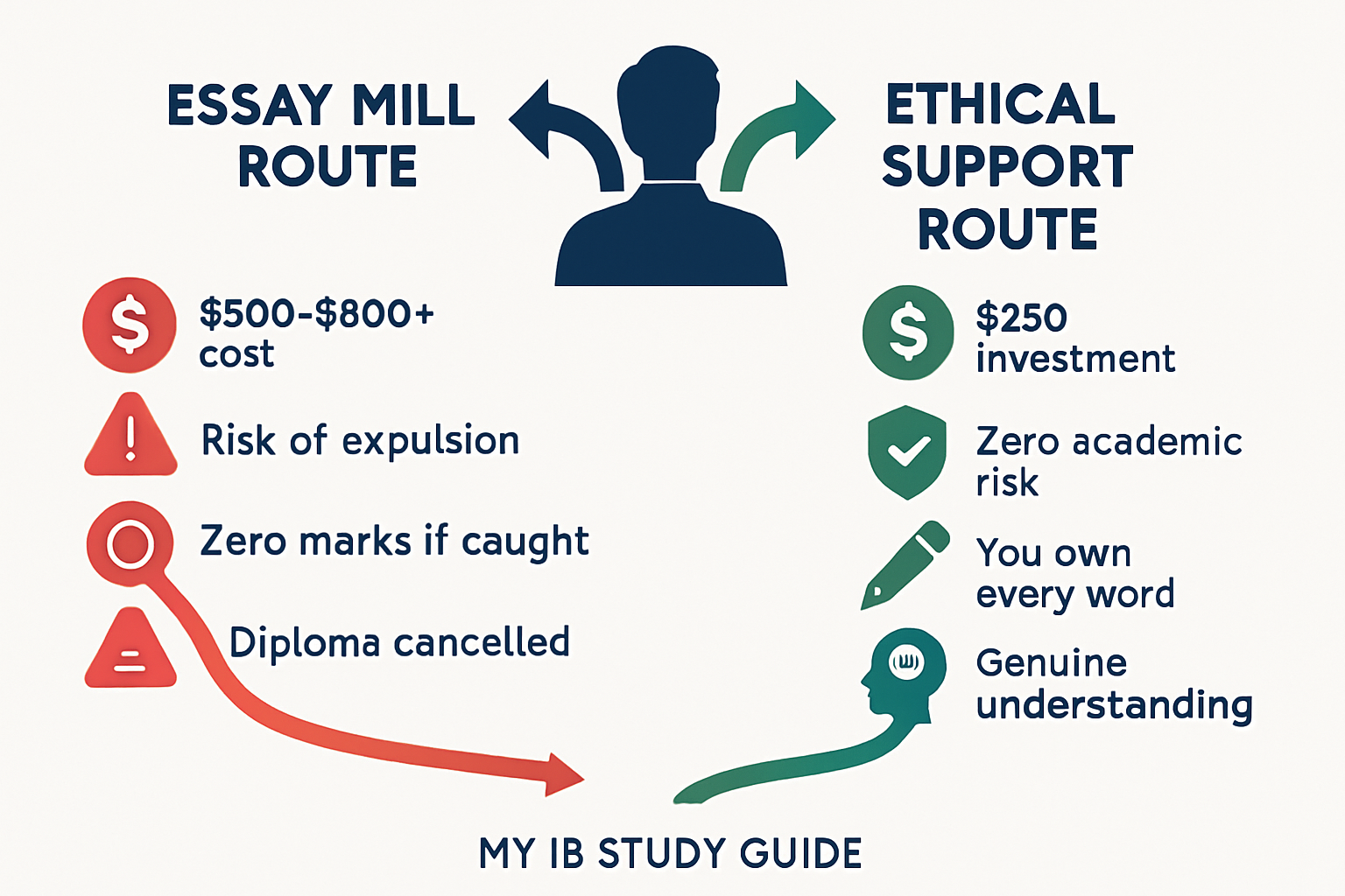 Risk comparison between using an ib math ia writing service versus ethical IA support showing consequences and benefits