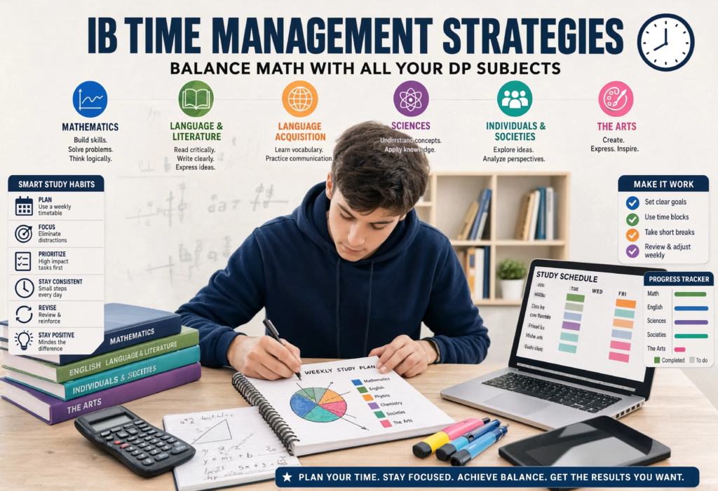 Student using IB math time management subjects strategies to balance workload across all IB Diploma subjects