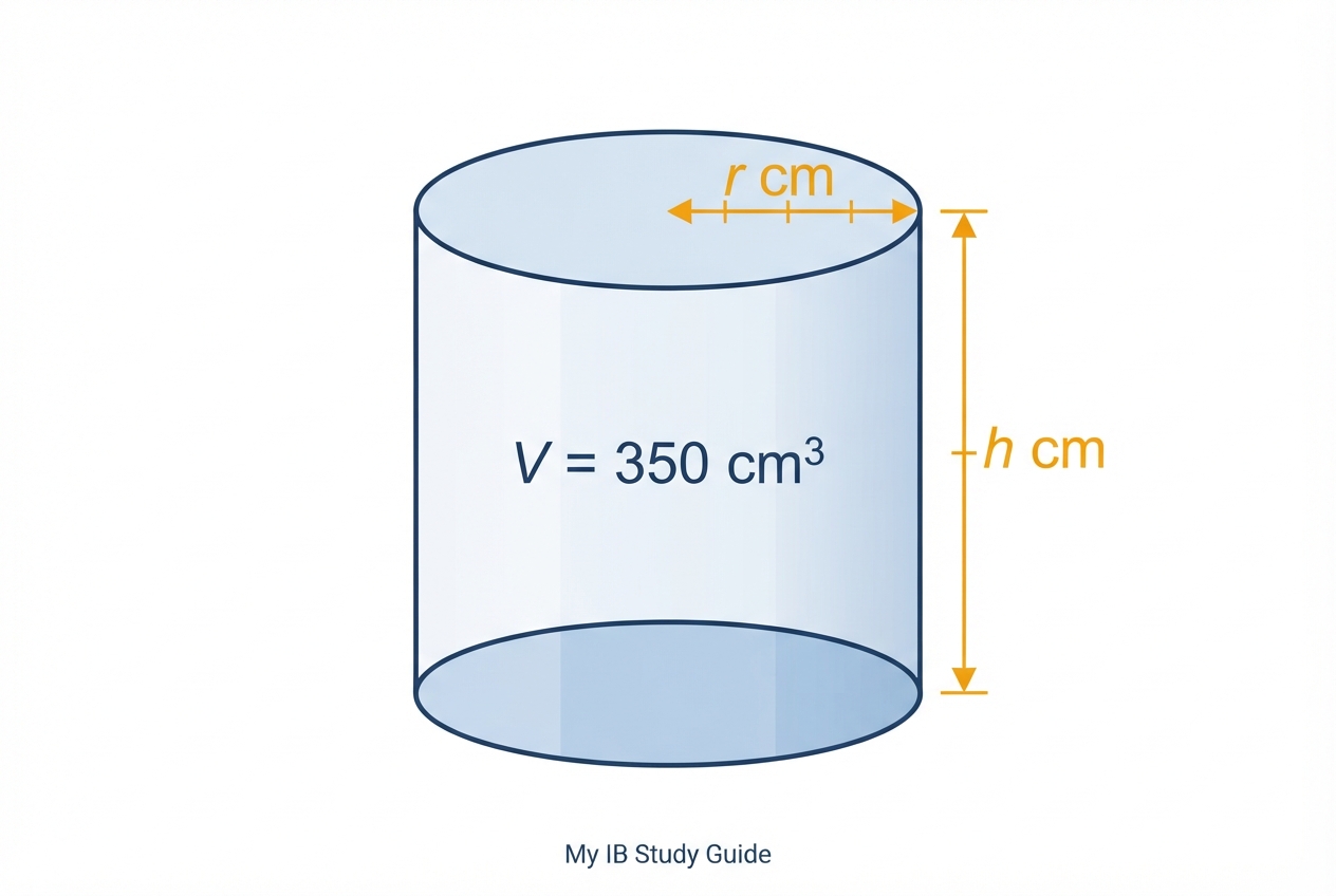 Diagram of a cylindrical tin for an IB math calculus practice question on optimization showing radius r and height h