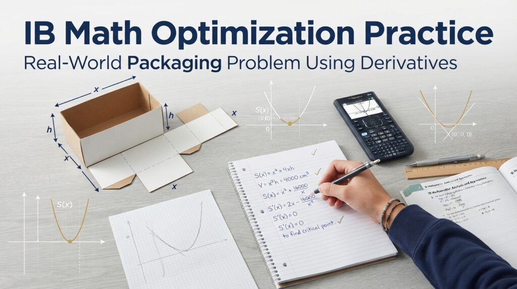 IB math calculus practice question on optimization with derivatives showing a real-world packaging problem