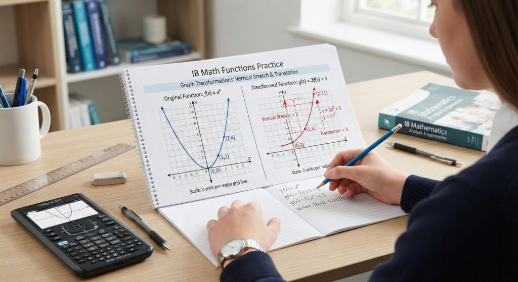 IB math functions practice question on transformations showing a graph before and after a vertical stretch and translation