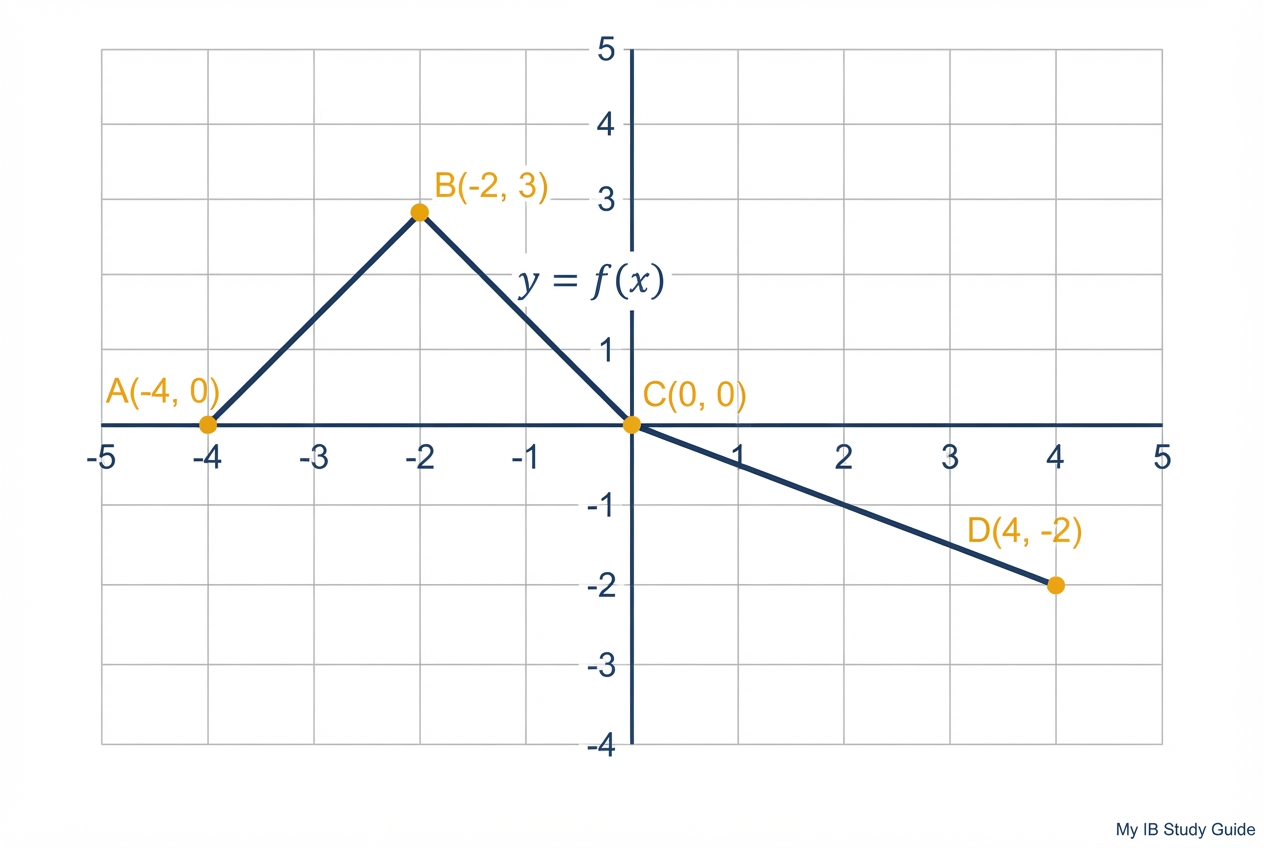 Graph of y equals f of x for an IB math functions practice question on transformations showing labelled points A B C and D