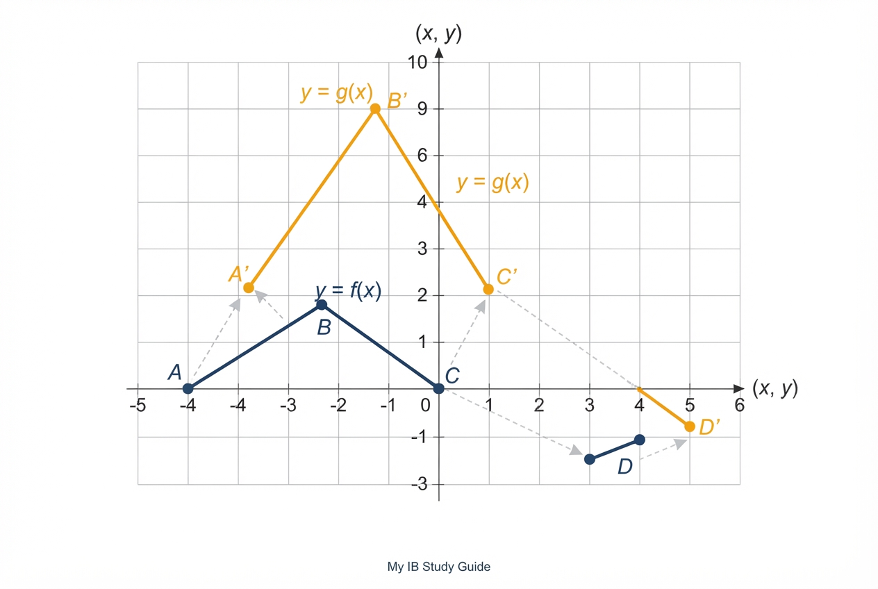 Before and after transformation graph for IB math functions practice question showing original and transformed curves with labelled image points