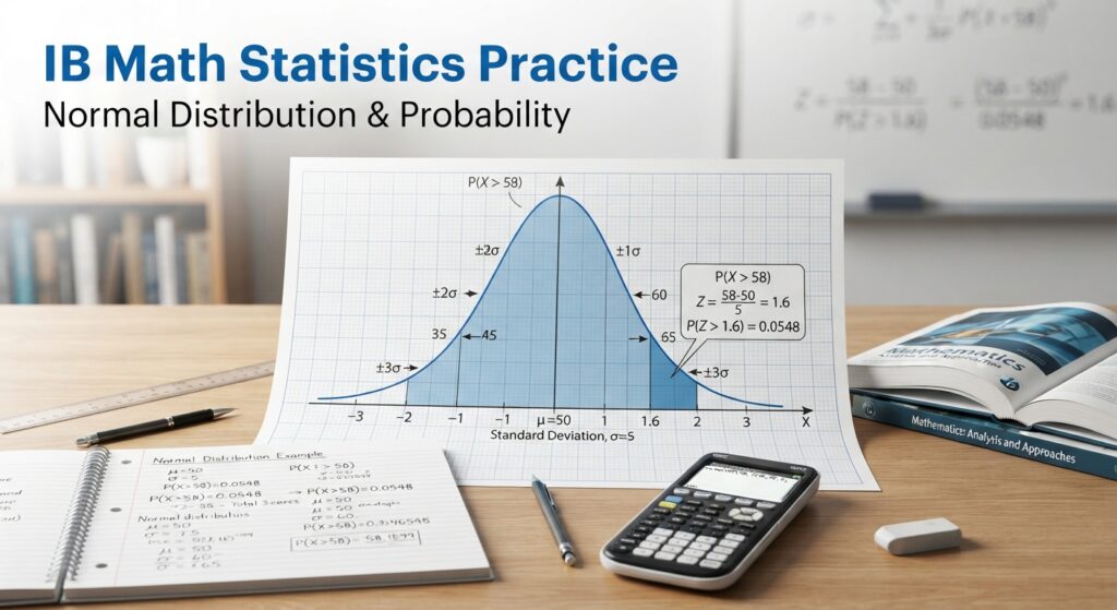 IB math statistics practice question on normal distribution showing a bell curve with shaded probability region and labelled mean and standard deviation