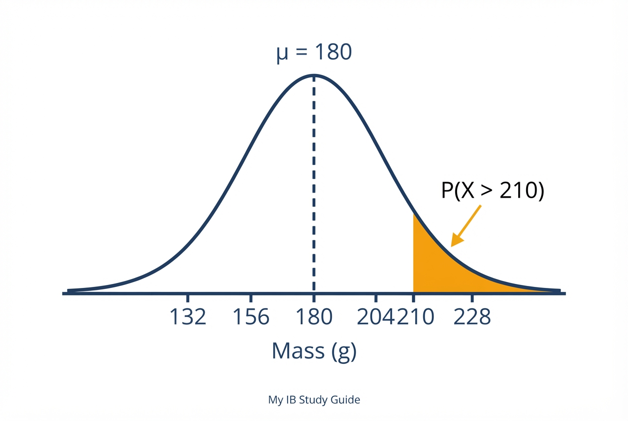 Normal distribution bell curve for IB math statistics practice question showing shaded probability region to the right of 210 g with mean 180 g and standard deviation 24 g