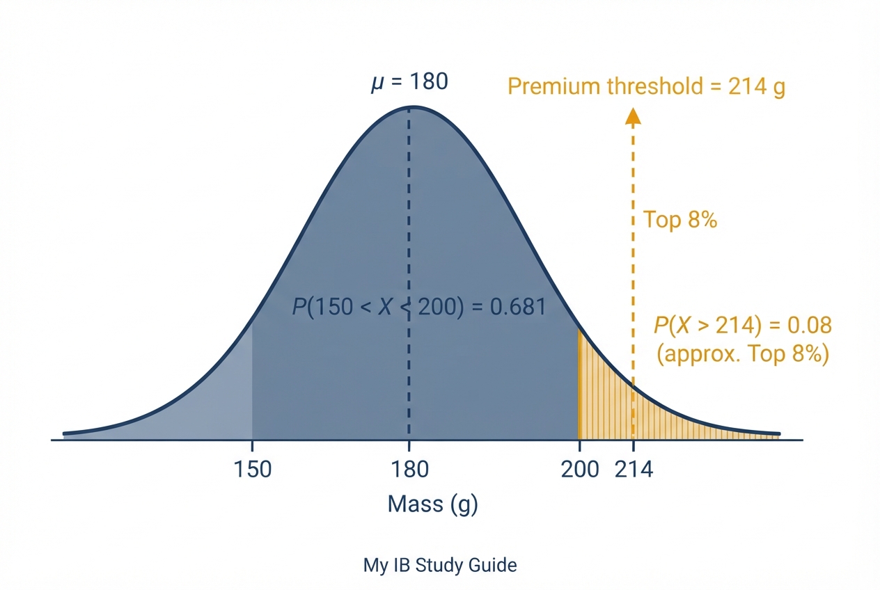 Annotated normal distribution solution diagram for IB math statistics practice question showing shaded regions for parts a and b and the premium threshold at 214 g
