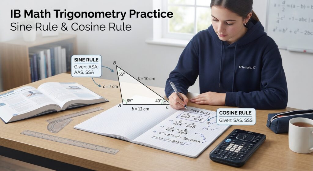 IB math trigonometry practice question showing a non-right triangle with labelled sides and angles for sine rule and cosine rule application