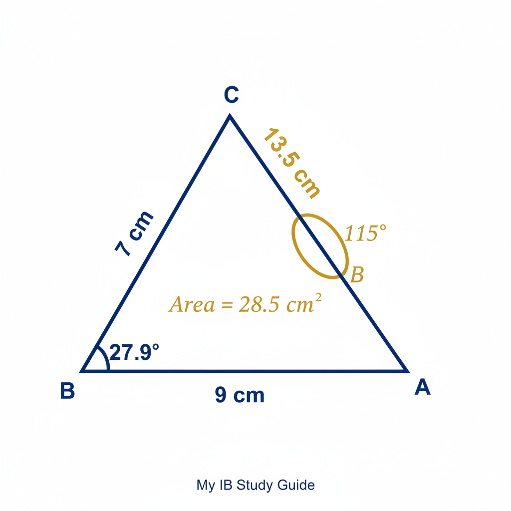 Fully solved triangle diagram for IB math trigonometry practice question showing all sides and angles including AC equals 13.5 cm angle BAC equals 27.9 degrees and area equals 28.5 cm squared