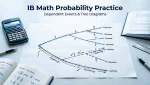 IB math probability practice question showing a two-stage tree diagram with dependent events and conditional probability branches labelled with fractions