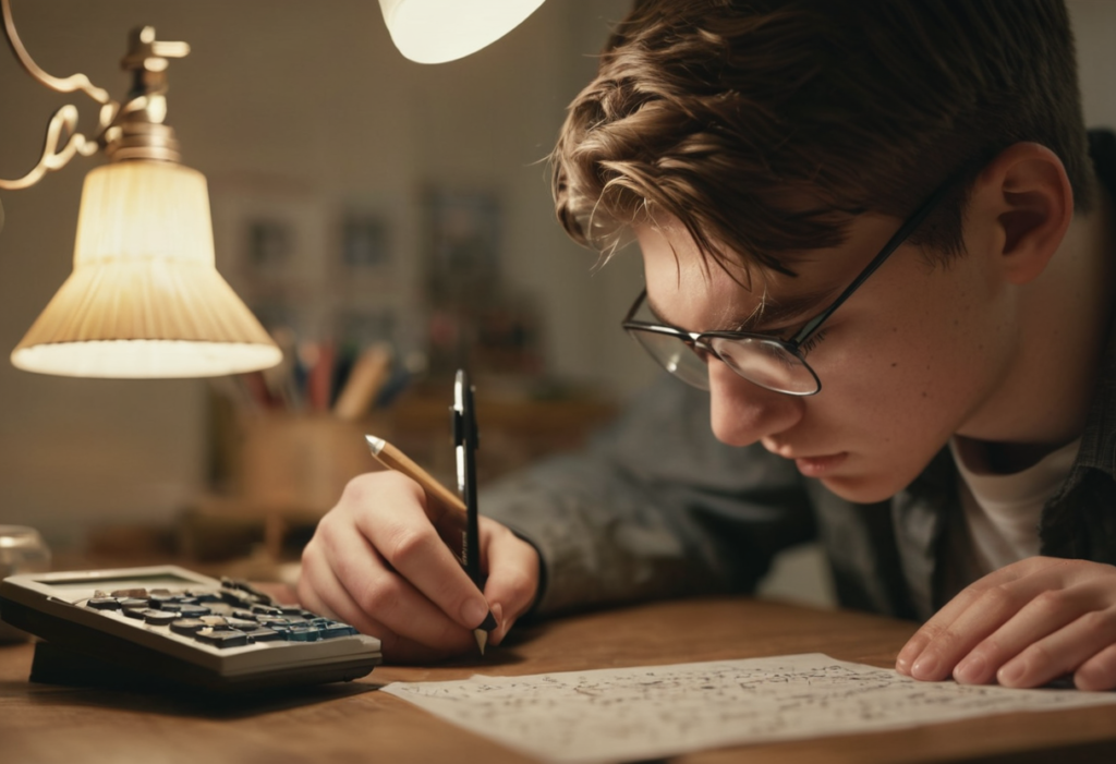 IB student using ib math active studying techniques with practice problems and notes at a desk